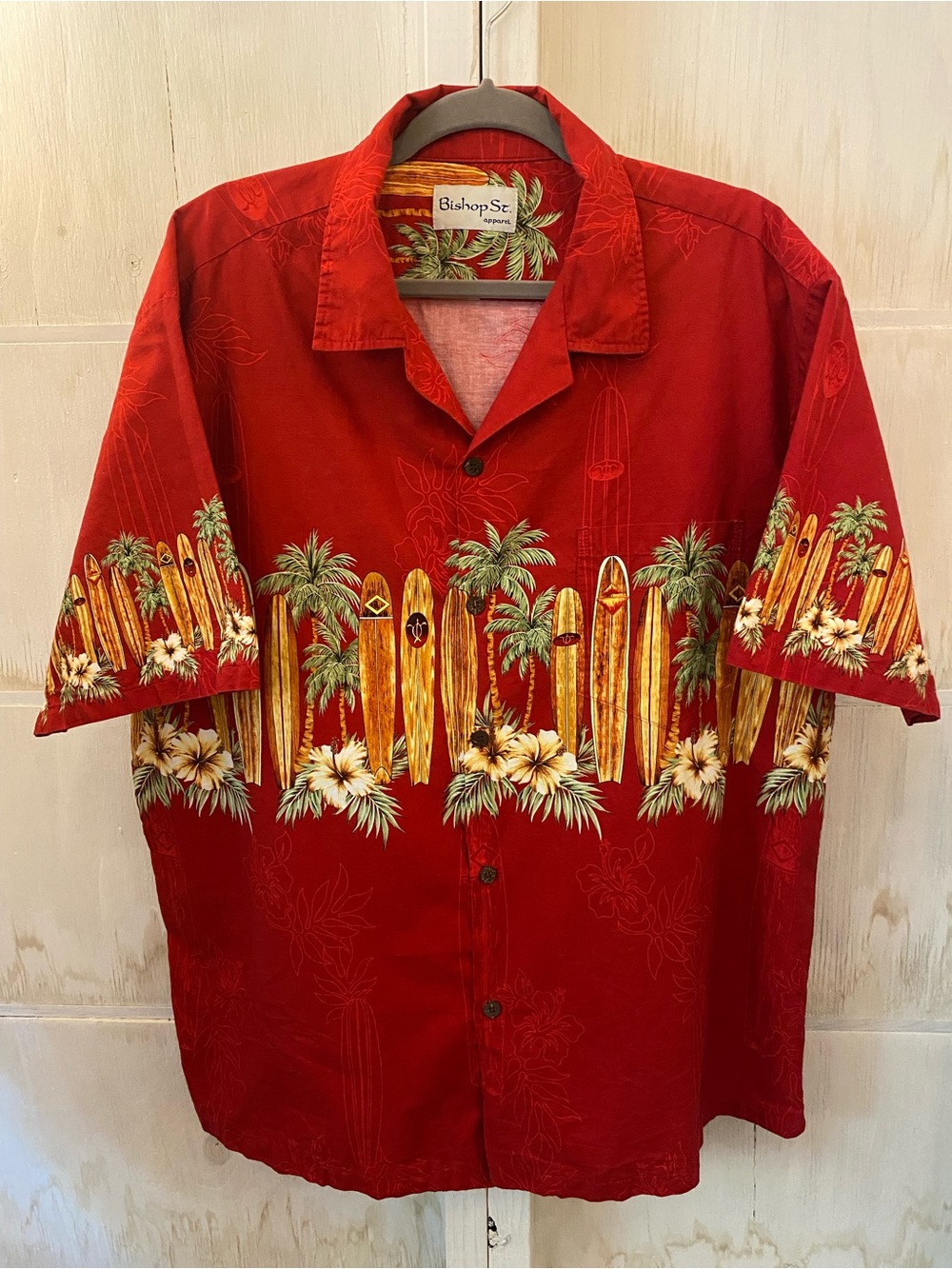 Red Hawaiian Surfboard Print Camp Shirt